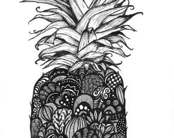 Pineapple Print, Zentangle, Pineapple Drawing, Art Prints, Black and White Print, Wall Art, Pineapple, Ink, Prints, Black and White Wall Art