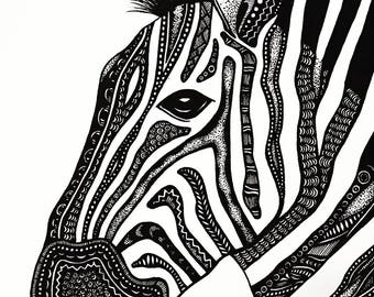 Zebra Print, Zentangle, Zebra Drawing, Art Prints, Black and White Prints, Wall Art, Zebra, Zentangle, Ink, Prints, Black and White Wall Art