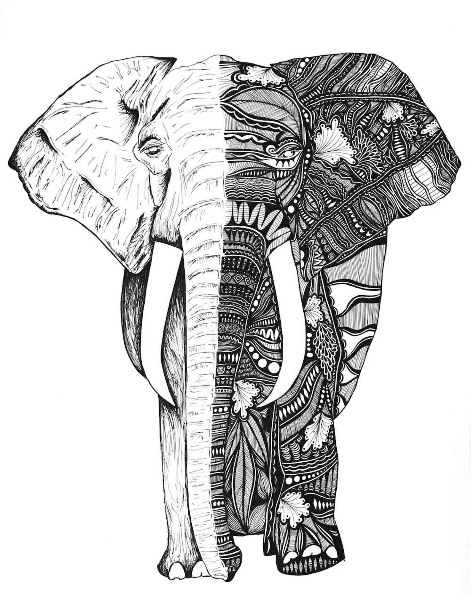 Elephant Print, Zentangle, Elephant Drawing, Art Prints, Black and White Prints, Wall Art