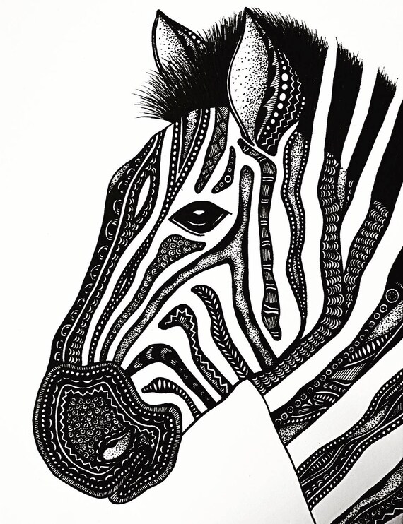 Zebra Print Zentangle Zebra Drawing Art Prints Black and | Etsy UK