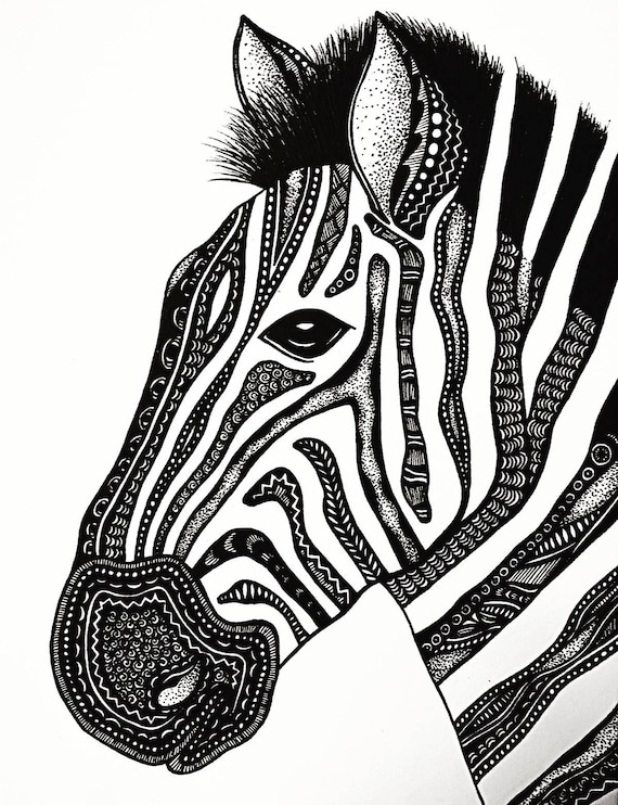 Zebra Print Zentangle Zebra Drawing Art Prints Black and | Etsy UK