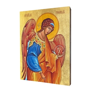 Icône religieuse de l’archange Raphaël - un cadeau religieux, icône en bois religieux faite à la main, doré, beau cadeau, 5 tailles au choix.