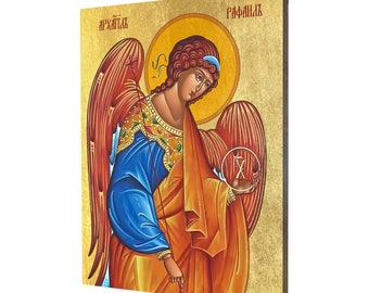 Archangel Raphael religious icon - a religious gift, handmade religious wood icon, gilded, beautiful gift, 5 sizes to choose.