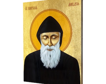 Icon of St. Charbel - a religious gift, handmade religious wood icon, gilded, beautiful gift, 5 sizes to choose.