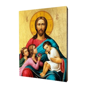 Let the children come to me - a religious gift, handmade religious wood icon, gilded, beautiful gift