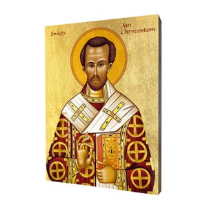 Ikona religijna Świętego Jana Chryzostoma - prezent religijny, ręcznie wykonana ikona religijna z drewna, złocona, piękny prezent, dostępna w 5 rozmiarach.