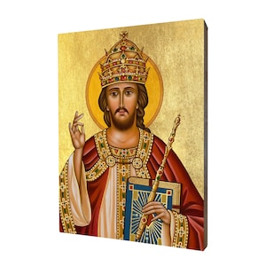 Ikona Chrystusa Króla - prezent religijny, ręcznie wykonana ikona religijna z drewna, złocona, piękny prezent