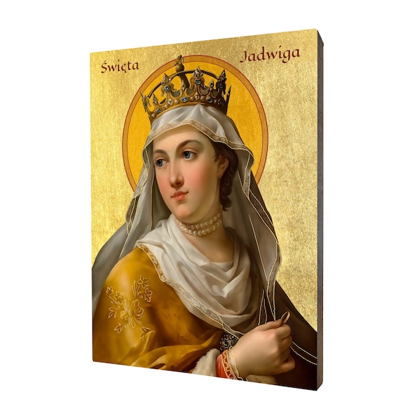 Icône de Sainte Jadwiga, Reine de Pologne - un cadeau religieux, icône en bois religieux faite à la main, dorée.