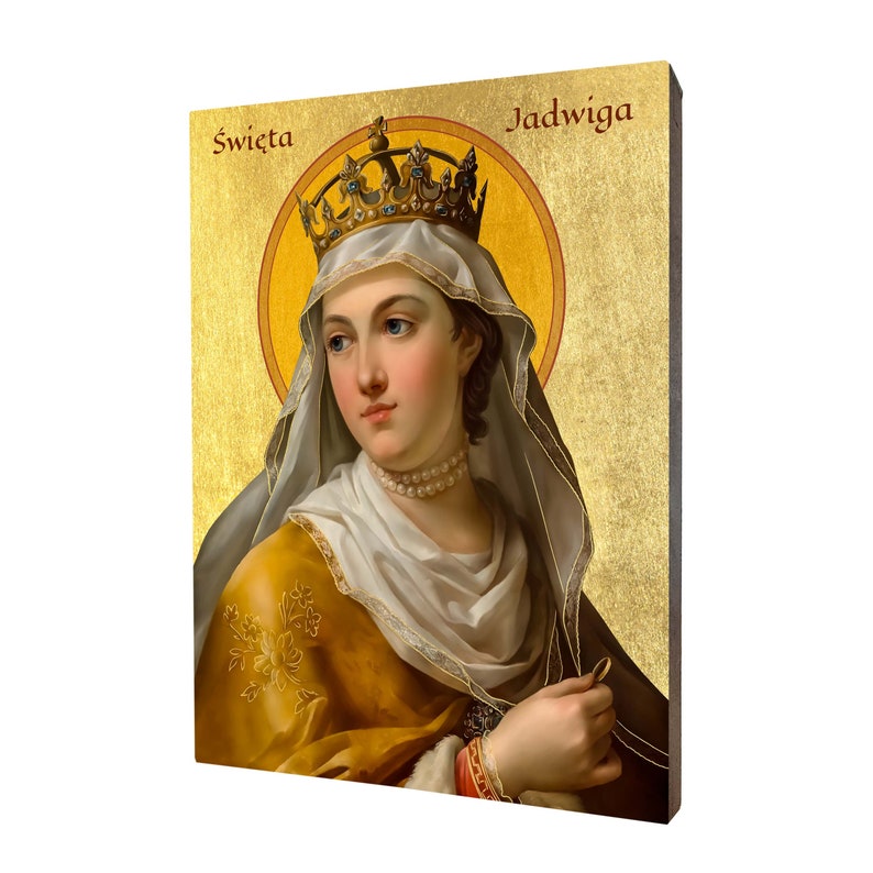 Icon of Saint Jadwiga, Queen of Poland a religious gift, handmade religious wood icon, gilded. image 1