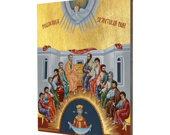 May include: A religious icon depicting a gathering of figures, likely religious figures, in a room. The artwork features a gold background with text and a dove. The figures are dressed in robes of various colors, including orange, blue, and red.