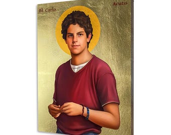 Icon of Blessed Carlo Acutis - a religious gift, handmade religious wood icon, gilded, beautiful gift, 5 sizes to choose.