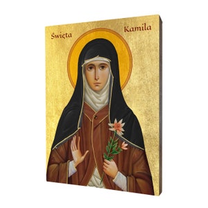 Saint Camilla religious icon - a religious gift, handmade religious wood icon, gilded, beautiful gift, 5 sizes to choose.