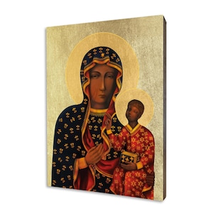 Black Madonna - Our Lady of Czestochowa, handmade religious wood icon, gilded, beautiful gift, 5 sizes to choose.
