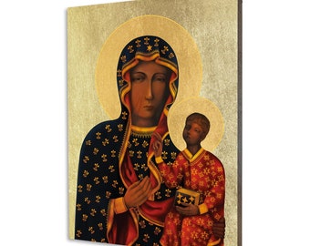 Czarna Madonna - Matka Boża Częstochowska, ręcznie robiona ikona religijna z drewna, złocona, piękny prezent, 5 rozmiarów do wyboru.