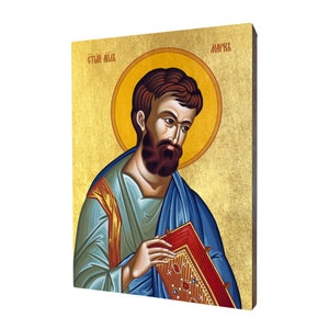 Ikona Świętego Marka, Ewangelisty - prezent religijny, ręcznie wykonana ikona religijna z drewna, złocona, piękny prezent, dostępna w 5 rozmiarach.