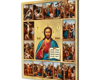 Icon of Christ Pantocrator with the Stations of the Cross - a religious gift, handmade religious wood icon, gilded, beautiful gift
