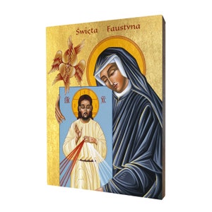 Ikona religijna Święta Faustyna Kowalska - prezent religijny, ręcznie wykonana ikona religijna z drewna, złocona, piękny prezent, dostępna w 5 rozmiarach.