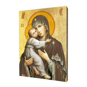 Ikona Matki Boskiej Włodzimierskiej - prezent religijny, ręcznie wykonana religijna ikona z drewna, złocona, piękny prezent, dostępna w 5 rozmiarach.