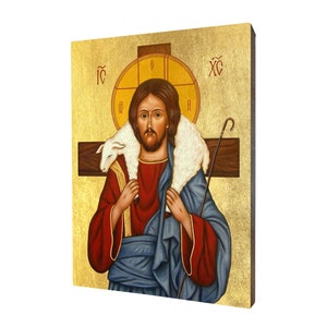 Icon of Christ the Good Shepherd - a religious gift, handmade religious wood icon, gilded, beautiful gift, 5 sizes to choose.
