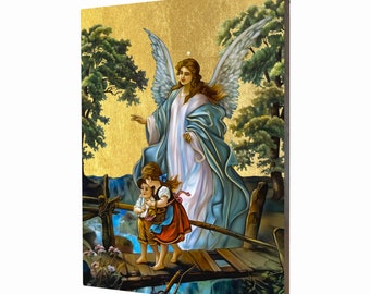 Handmade Guardian Angel Religious Icon: Gilded Wood Art