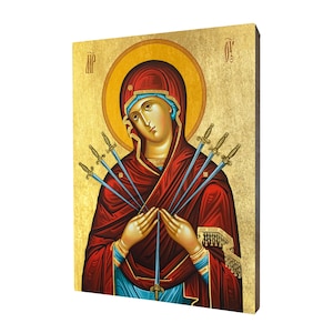 Icon Seven Sorrows of the Mother of God - a religious gift, handmade religious wood icon, gilded, beautiful gift, 5 sizes to choose.