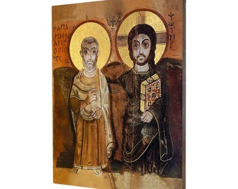 Saint Menas mit Jesus, Ikone der Freundschaft - ein religiöses Geschenk, handgemachte religiöse Holz Ikone, vergoldet, schönes Geschenk, 5 Größen zur Auswahl.