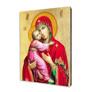 Ikona religijna Matki Boskiej Włodzimierskiej - prezent religijny, ręcznie wykonana ikona religijna z drewna, złocona, piękny prezent, dostępna w 5 rozmiarach.