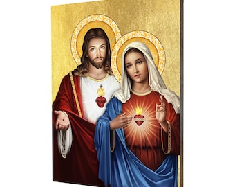 Ikona Najświętszego Serca Pana Jezusa i Niepokalanego Serca Maryi - prezent religijny, ręcznie wykonana drewniana ikona religijna, złocona, piękny prezent.