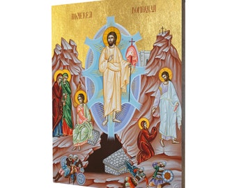 May include: A religious icon depicting the Ascension of Jesus Christ. The icon features a golden background with a blue and white halo around Jesus, who is ascending into heaven.  The icon also features several figures, including the Virgin Mary, the Apostles, and angels. The icon is painted in a traditional style with vibrant colors.