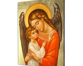 Handmade Guardian Angel with Boy Wood Icon - Gilded Religious Gift