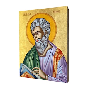 Icon of Saint Matthew, Evangelist - a religious gift, handmade religious wood icon, gilded, beautiful gift, 5 sizes to choose.