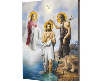 May include: A religious painting depicting the baptism of Jesus Christ. The painting shows Jesus standing in a river, with John the Baptist pouring water over his head. A dove descends from the sky, symbolizing the Holy Spirit. An angel with wings stands behind Jesus, holding a white cloth.