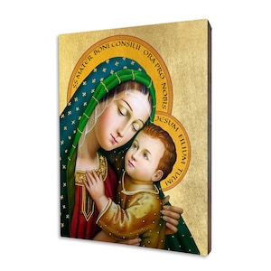 Ikona religijna Matki Bożej Dobrej Rady - prezent religijny, ręcznie wykonana ikona religijna z drewna, złocona, piękny prezent, dostępna w 5 rozmiarach.
