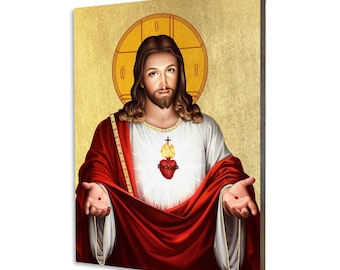Ikona Serca Pana Jezusa - prezent religijny, ręcznie wykonana ikona religijna z drewna, złocona, piękny prezent, dostępna w 5 rozmiarach.