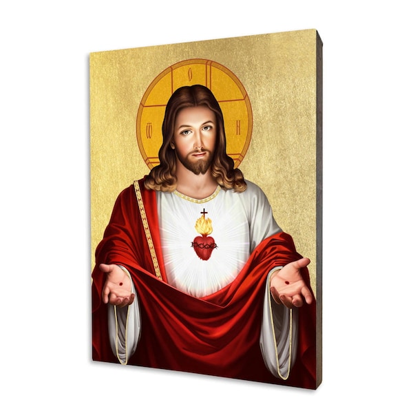 L’icône du Cœur de Jésus - un cadeau religieux, icône en bois religieux faite à la main, doré, beau cadeau, 5 tailles à choisir.