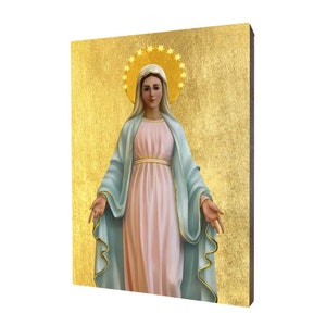 Notre-Dame Immaculée de Medjugorje - un cadeau religieux, icône en bois religieux faite à la main, doré, beau cadeau, 5 tailles au choix.