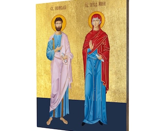 Ręcznie wykonana ikona Świętych Joachima i Anny: pozłacany prezent religijny