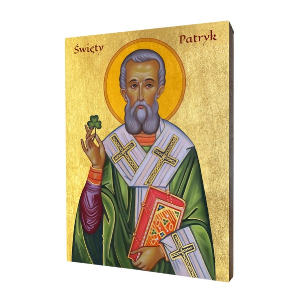 Saint Patrick icon - a religious gift, handmade religious wood icon, gilded, beautiful gift, 5 sizes to choose.