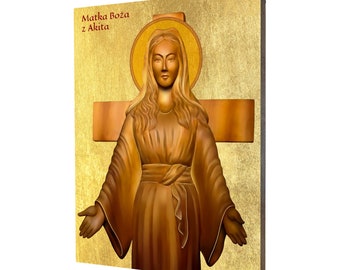 Our Lady of Akita religious icon - a religious gift, handmade religious wood icon, gilded, beautiful gift, 5 sizes to choose.