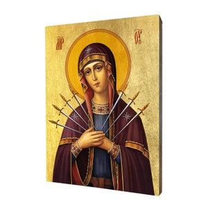 Icon Seven Sorrows of the Mother of God - a religious gift, handmade religious wood icon, gilded, beautiful gift, 5 sizes to choose.