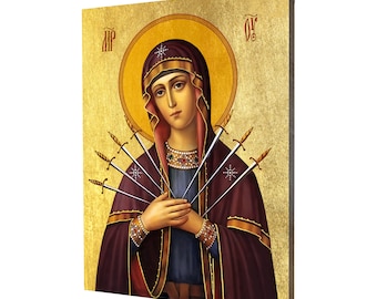 Ikona Siedem Boleści Matki Bożej - prezent religijny, ręcznie wykonana ikona religijna z drewna, złocona, piękny prezent, w 5 rozmiarach do wyboru.