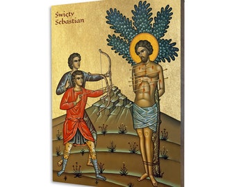Saint Sebastian icon - a religious gift, handmade religious wood icon, gilded, beautiful gift, 5 sizes to choose.
