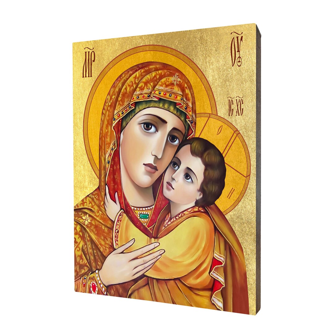 Tableau Sacré Notre-Dame Avec Enfant – Bois MDF 8 Mm, Mosaïque Feuille D'Or, Made In Italy