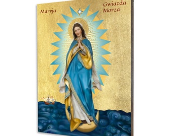 Matka Boska Gwiazda Morza - ikona Stella Maris - prezent religijny, ręcznie wykonana religijna ikona z drewna, złocona, piękny prezent, dostępna w 5 rozmiarach.