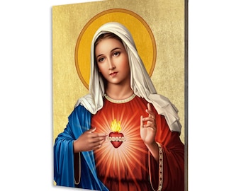 Ikona Serce Maryi - prezent religijny, ręcznie wykonana ikona religijna z drewna, złocona, piękny prezent, dostępna w 5 rozmiarach.