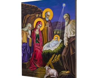 May include: A religious painting depicting the Nativity scene. The painting features a baby Jesus lying in a manger, surrounded by Mary, Joseph, and a shepherd. The scene is set in a cave with a star shining brightly in the sky.