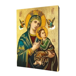 Ikona Matki Bożej Nieustającej Pomocy - Prezent Religijny, Ręcznie wykonana ikona Religijna gezeichnet, Zloty, Piękny Prezent, Dostępna w 5 Röschen.