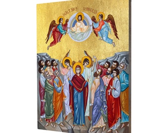 May include: A colorful painting depicting a religious scene with a group of people looking up at a figure in the clouds. The figure is surrounded by angels and the text "IN ALT. ERES" and "DOMINULI" is visible above the figure.