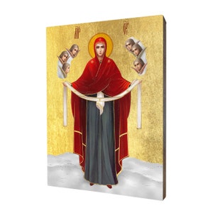 Ikona Matki Bożej, orędowniczki i opiekunki ludzkości - prezent religijny, ręcznie wykonana ikona religijna z drewna, złocona, piękny prezent.