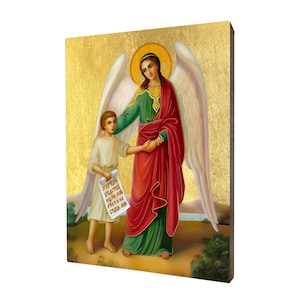 Ikona Anioła Stróża z chłopcem - prezent religijny, ręcznie wykonana ikona religijna z drewna, złocona, piękny prezent